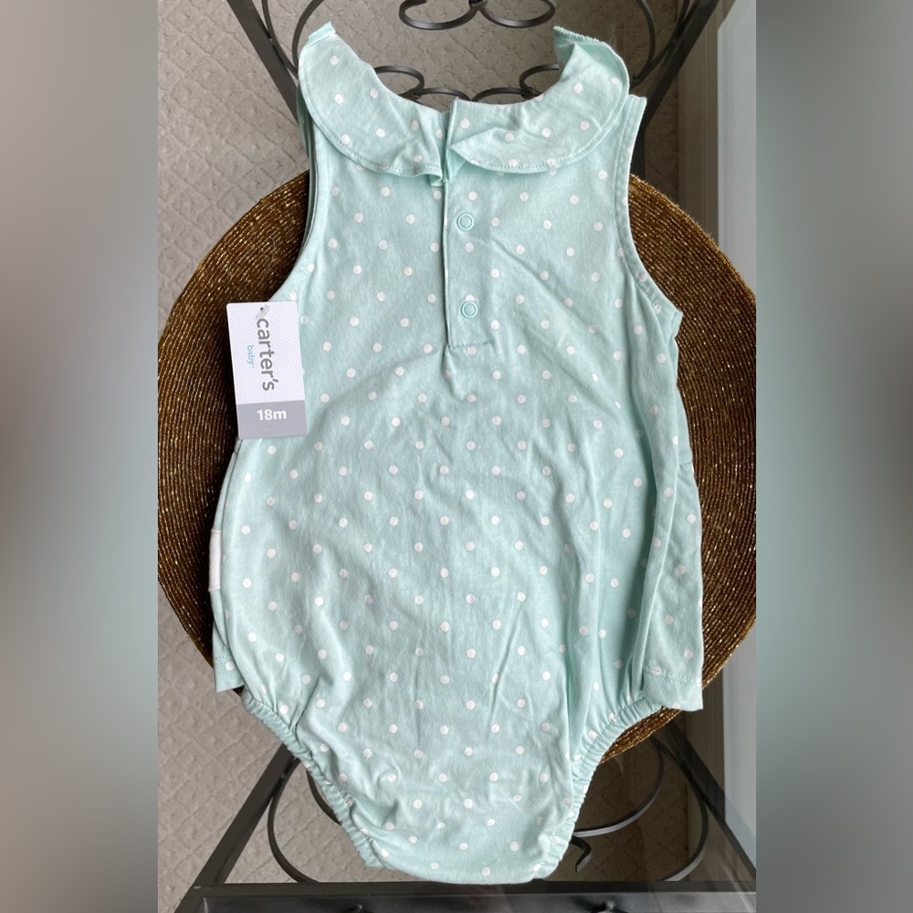 Carter's Baby Girls Dot & Dot Cotton Skirted Romper Green Dotted - Picture 2 of 5
